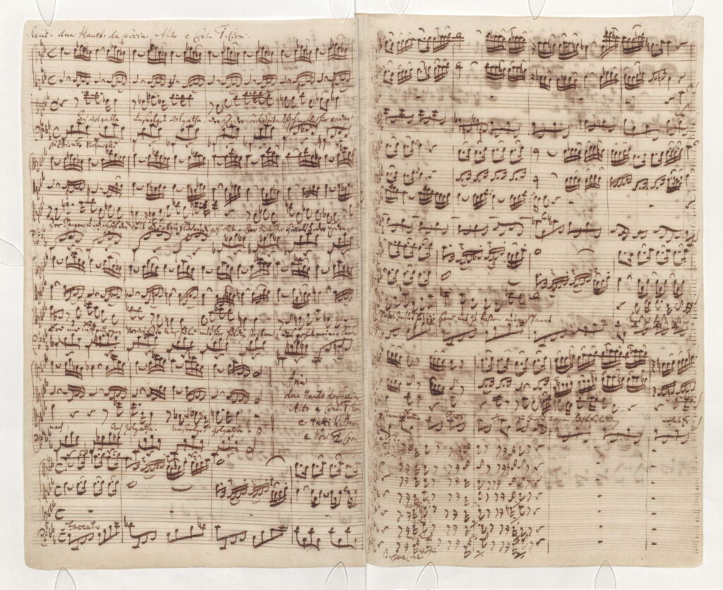 Two pages from Bach’s fair copy of 1736: the recitative Ach Golgatha and the aria Sehet, Jesus hat die Hand