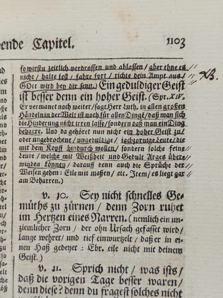 A page from Bach’s Calov Bible with paired oblique strokes in the margin, underlining, and an NB