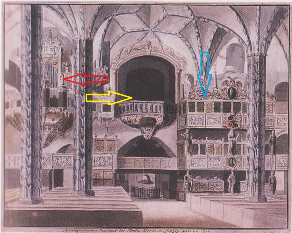 Interior of the Nikolaikirche, west wall, with the Schülerchor, the organ and the Fürstenstuhl