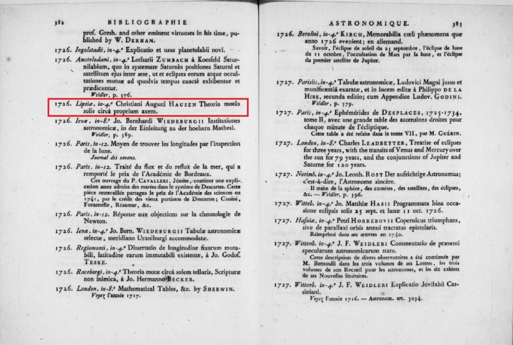 The entry for Hausen’s dissertation in De Lalande’s Bibliographie astronomique, 1803
