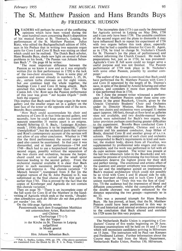Report of the 1955 performance under Hans Brandt Buys in the Buurkerk, Utrecht