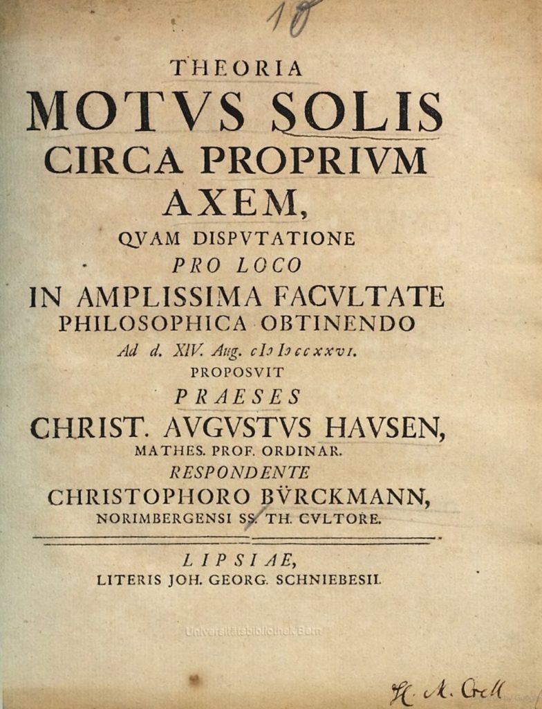 Title page of the 1726 dissertation Theoria motus solis circa proprium axem