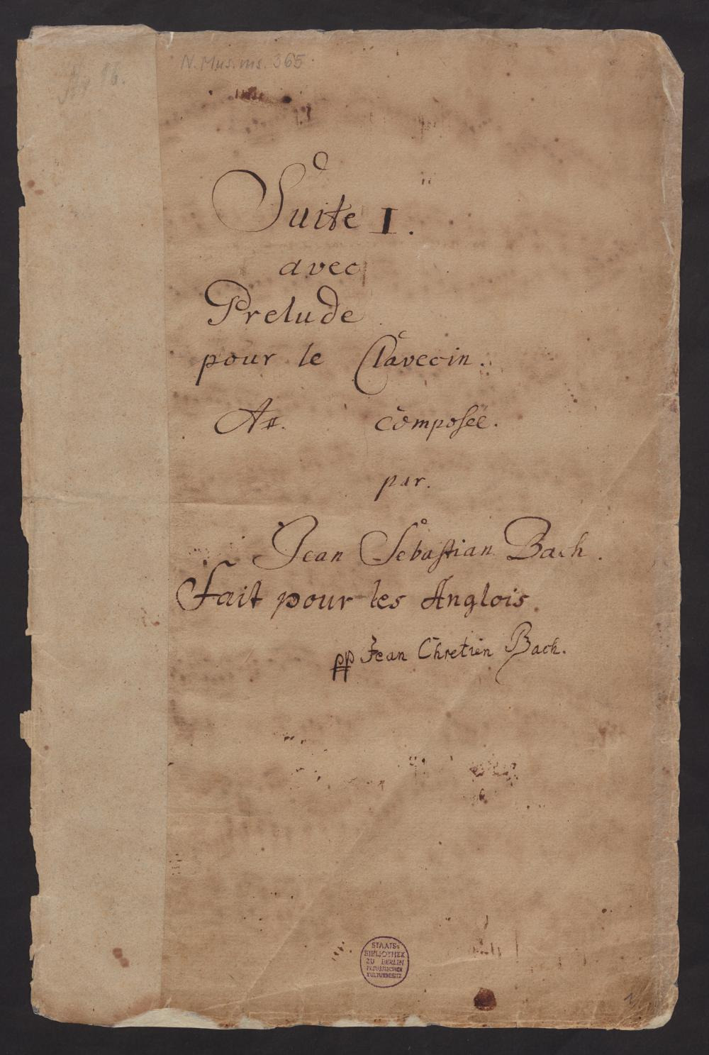 Title page of the copy of the English Suites, with the added inscription Fait pour les Anglois